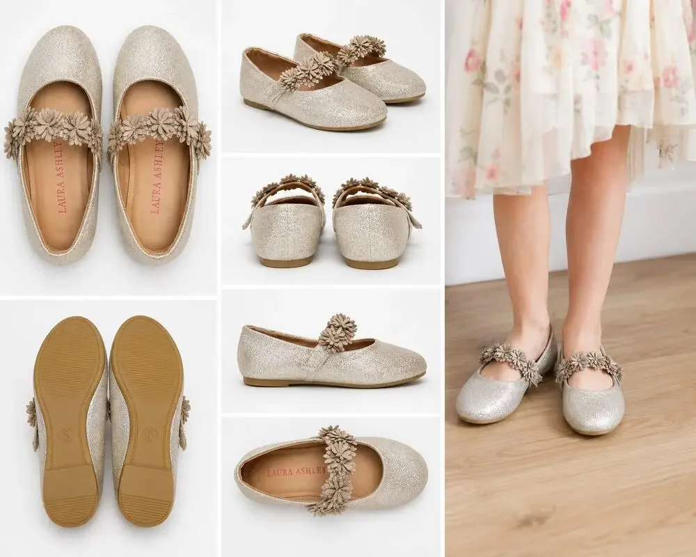Laura Ashley Girls Glitter Mary Jane Flats with Floral Strap – Size 5